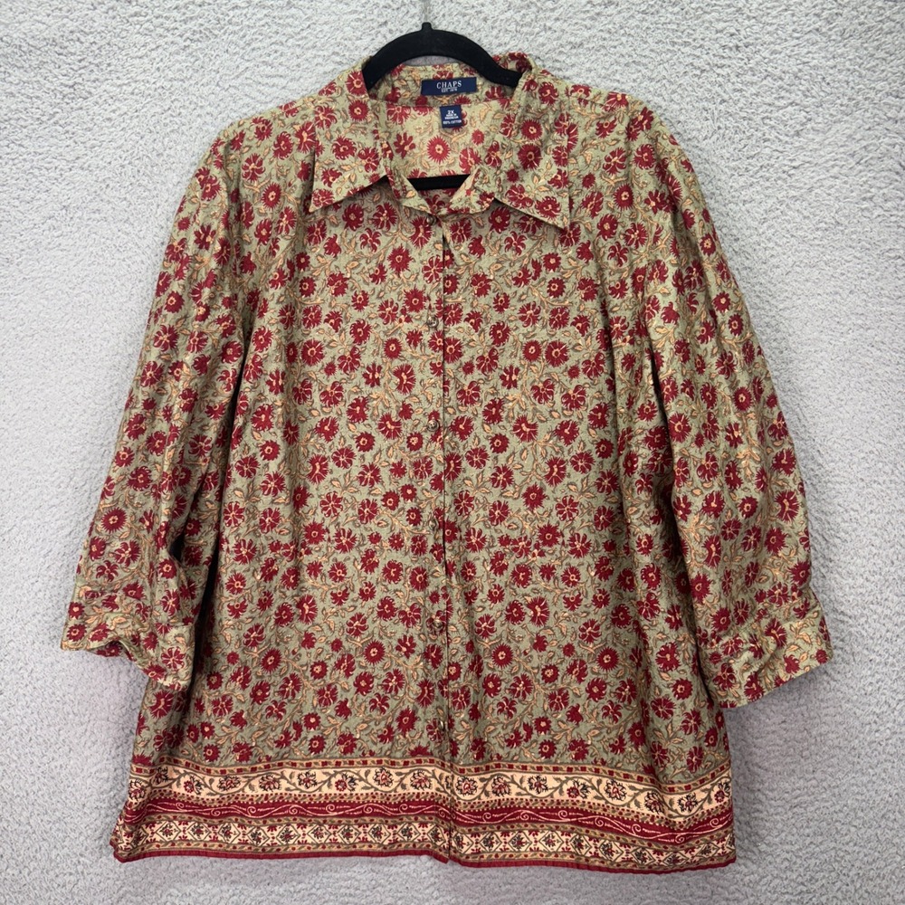 Chaps Top Women 2X Tan Red Floral Cotton Button Down 3/4 Sleeve Office Bloomcore